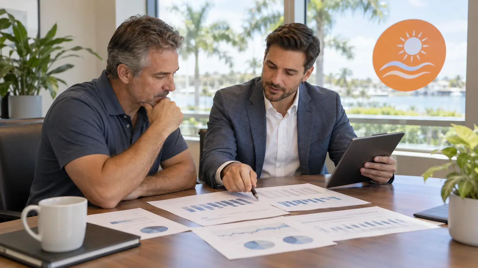 A business owner in a polo shirt and a broker with a tablet sit across a table by a bright window, reviewing printed financial statements
