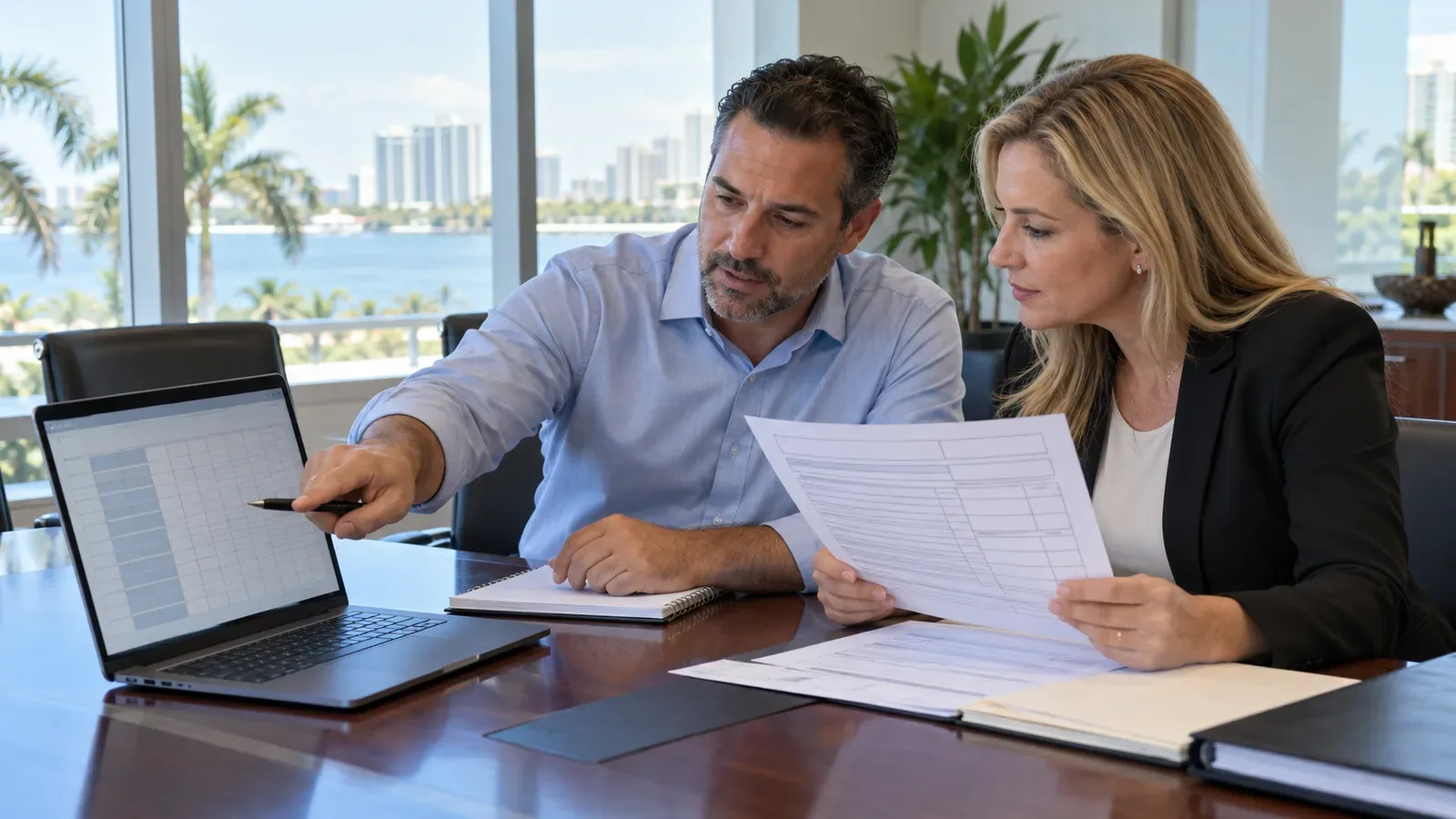 A seller and a buyer's accountant compare a printed tax return with a spreadsheet on a laptop at a conference table
